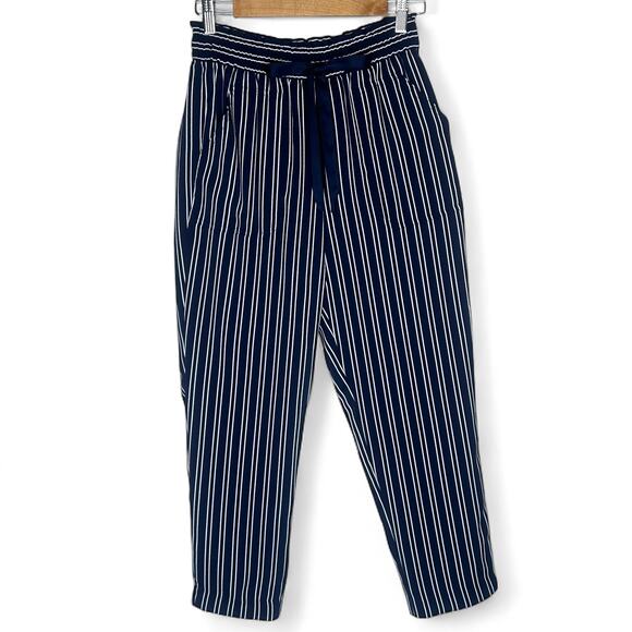Zara Women's Striped Drawstring Pants Size S Navy White Elastic Waist Trouser - Picture 10 of 10